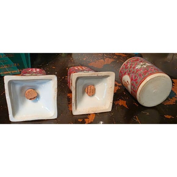 3 pc Vintage Asian Ceramic Salt & Pepper Shakers Toothpick Holder Pink Floral - Picture 10 of 11